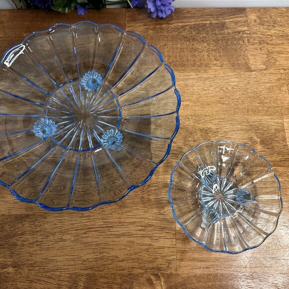 Vintage Blue Glass 3-Footed Dish Set Retro Ribbed Pattern Decorative Bowl - Picture 4 of 9